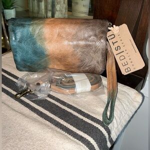 NWT Bed Stu Cadence Speed Wallet Wristlet Crossbody Bag Oceania TD Blue Tan $198